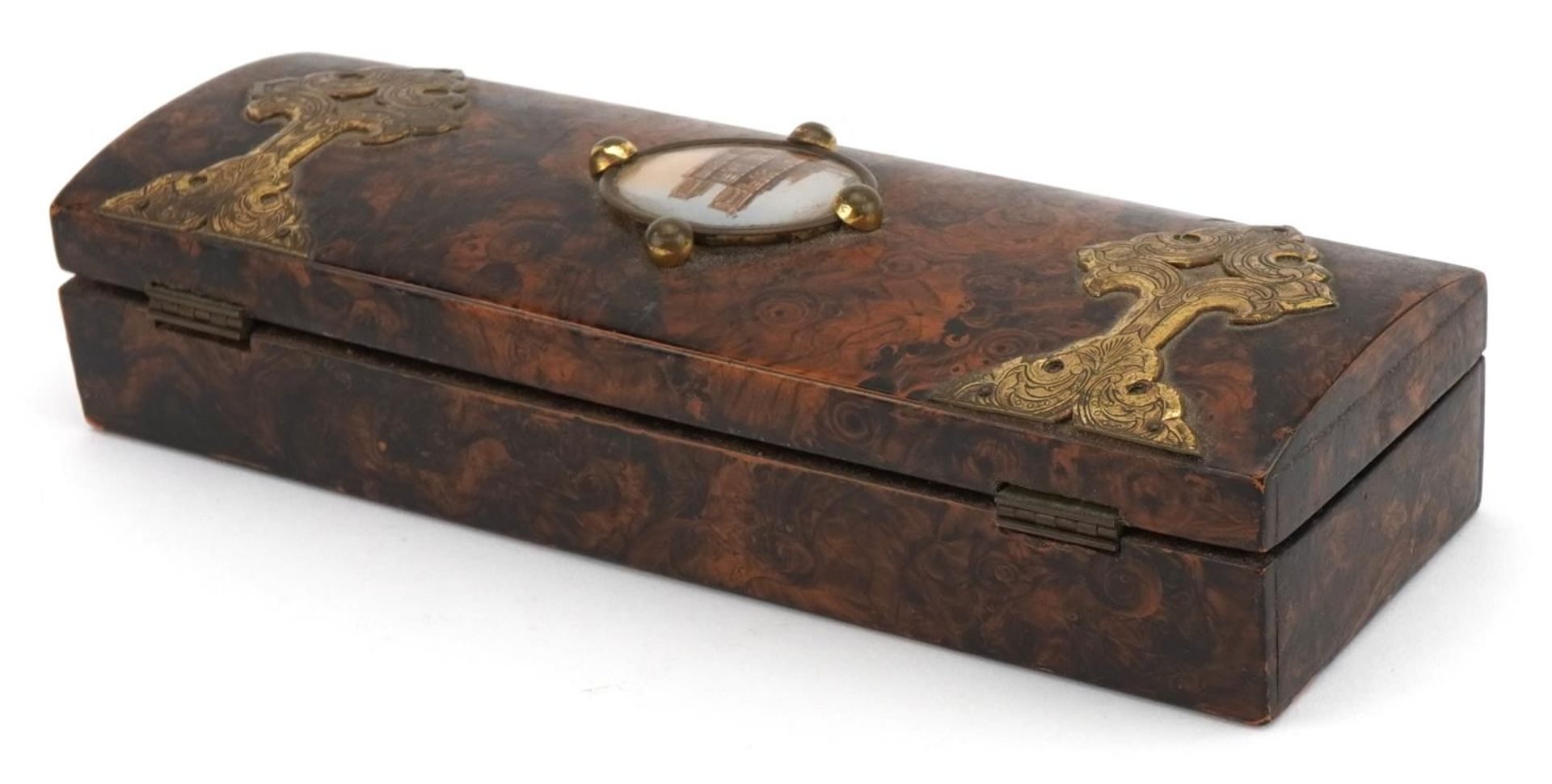 19th century burr dome topped glove box with applied brass strap work and oval panel depicting Notre - Image 7 of 10