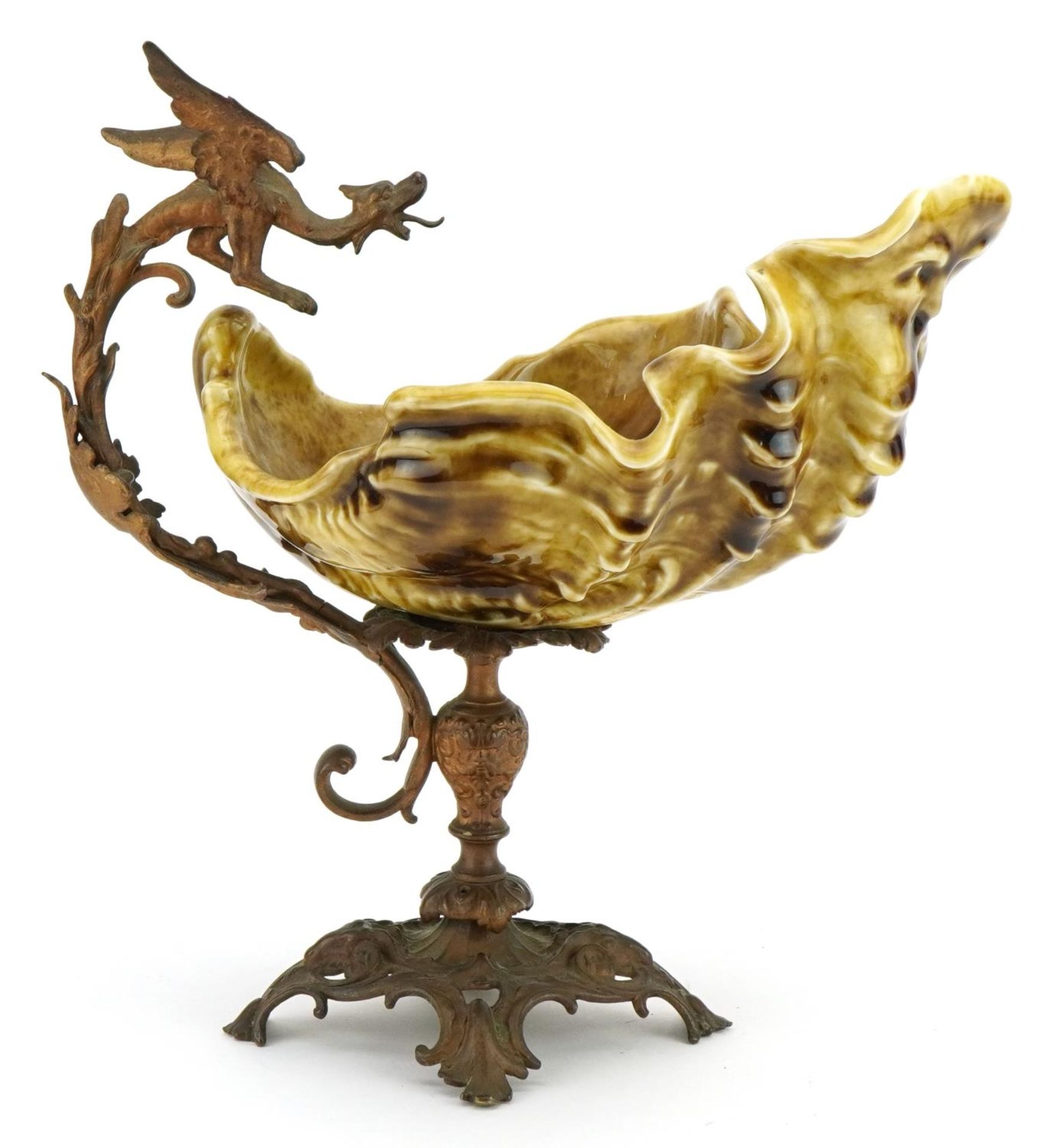 19th century continental gilt metal centrepiece with dragon handle and pottery shell shaped bowl, - Bild 7 aus 14