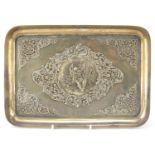 Henry Matthews, Art Nouveau rectangular silver tray embossed with a courting couple on a swing,