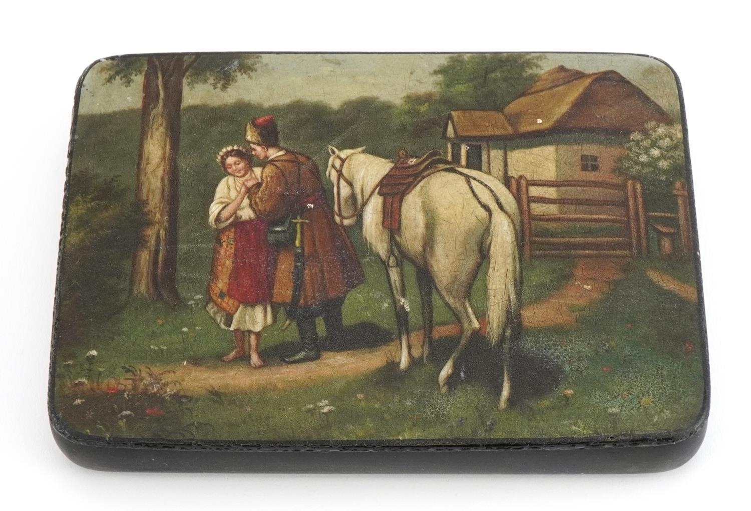 Russian papier mache lacquered cigarette box with hinged lid, hand painted with a Cossack and - Image 4 of 10