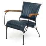 Industrial hardwood and leather design elbow chair, 75cm high