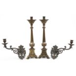 Spanish metalware comprising a pair of silver plated candlesticks with reeded columns and pair of