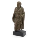 Classical bronzed plaster sculpture of philosopher Socrates raised on a rectangular ebonised block