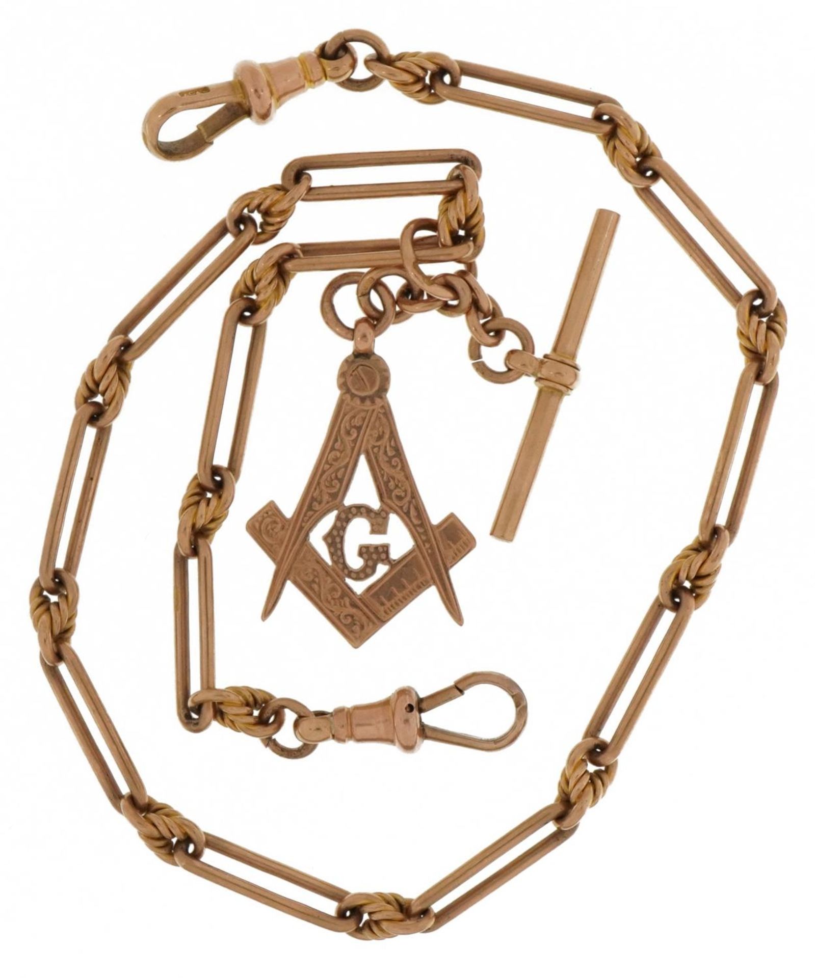 9ct rose gold watch chain with masonic charm, T bar and dog clips, 38cm in length, 32.3g - Bild 2 aus 4