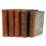 Five antique leather bound hardback books comprising Pinkerton's Voyages and Travels volume 17,