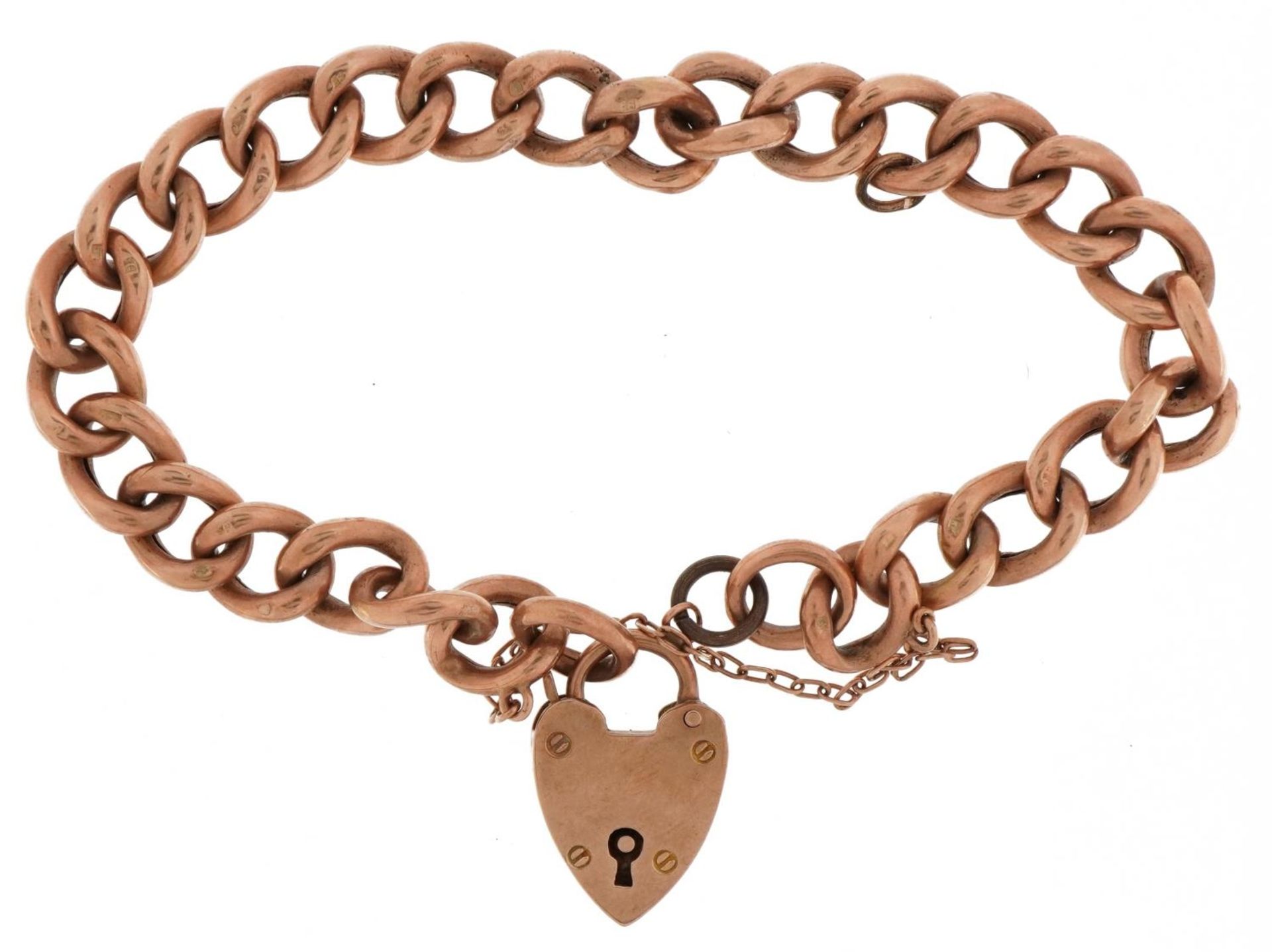 9ct rose gold bracelet with love heart padlock and safety chain, 11.8g