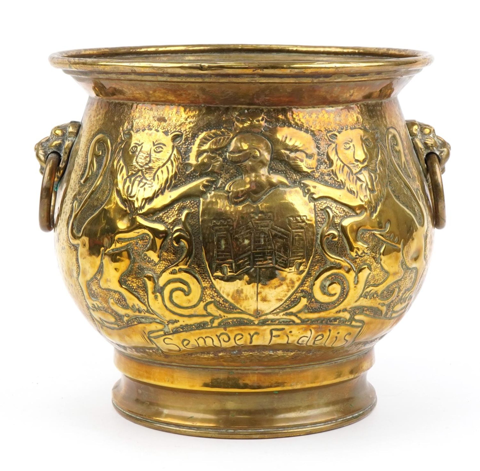 Early Victorian log bucket with ring turned lion head handles having embossed coat of arms with - Image 2 of 6