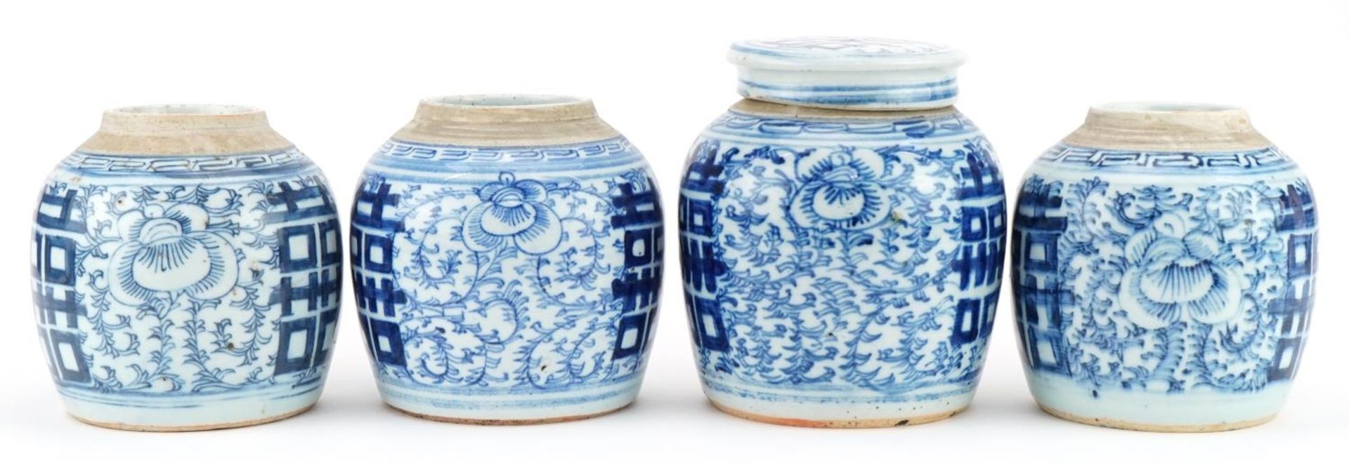 Four Chinese blue and white porcelain ginger jars, one with lid, each hand painted with flowers, the - Image 6 of 12