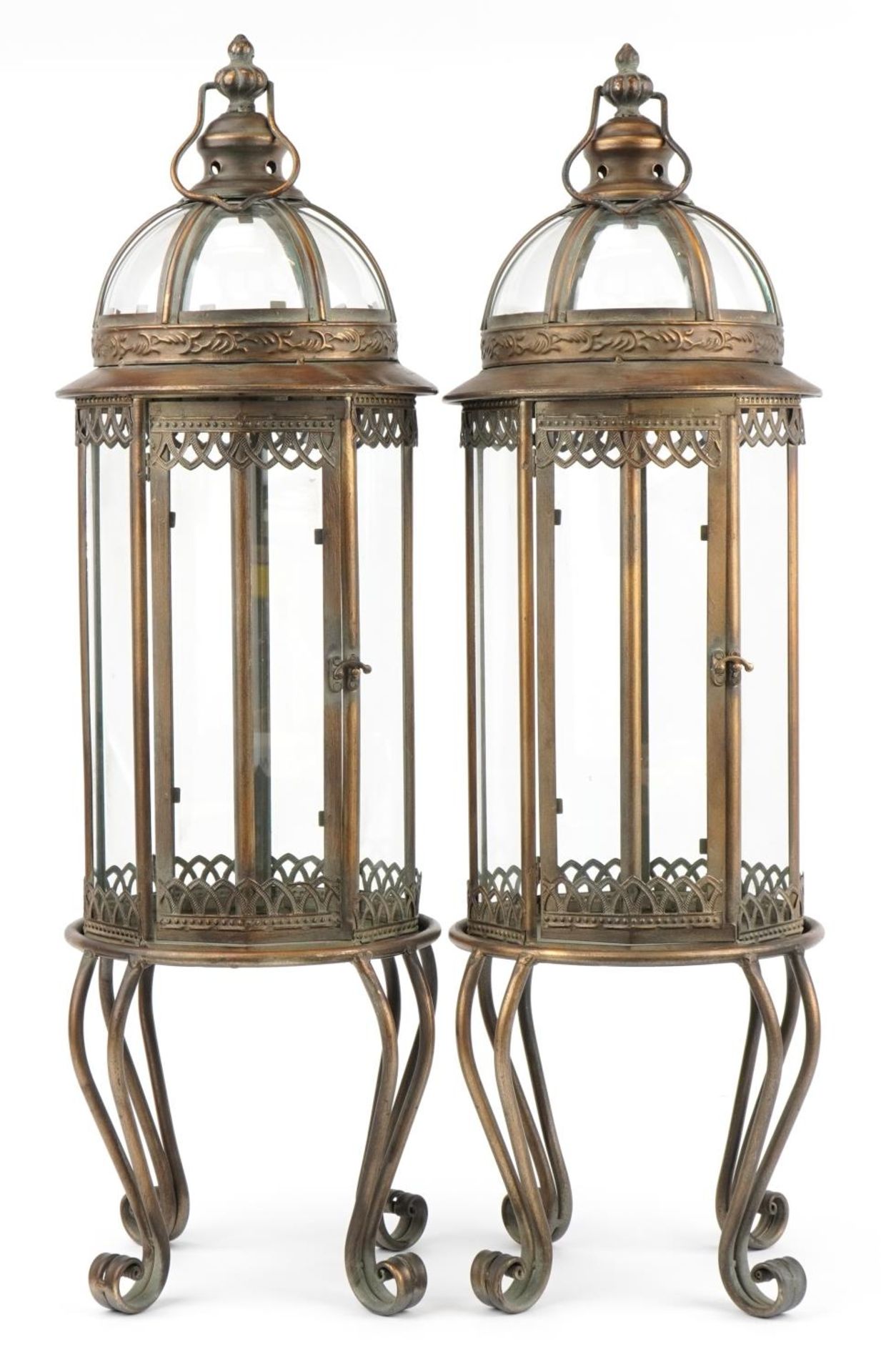 Pair of partially gilt and glazed lantern design candle holders, 82cm high - Image 2 of 3