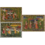 Females and attendants before landscapes, set of three Indian Mughal school watercolours, framed and