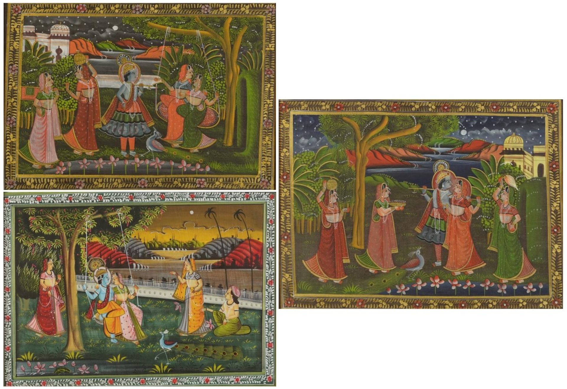 Females and attendants before landscapes, set of three Indian Mughal school watercolours, framed and