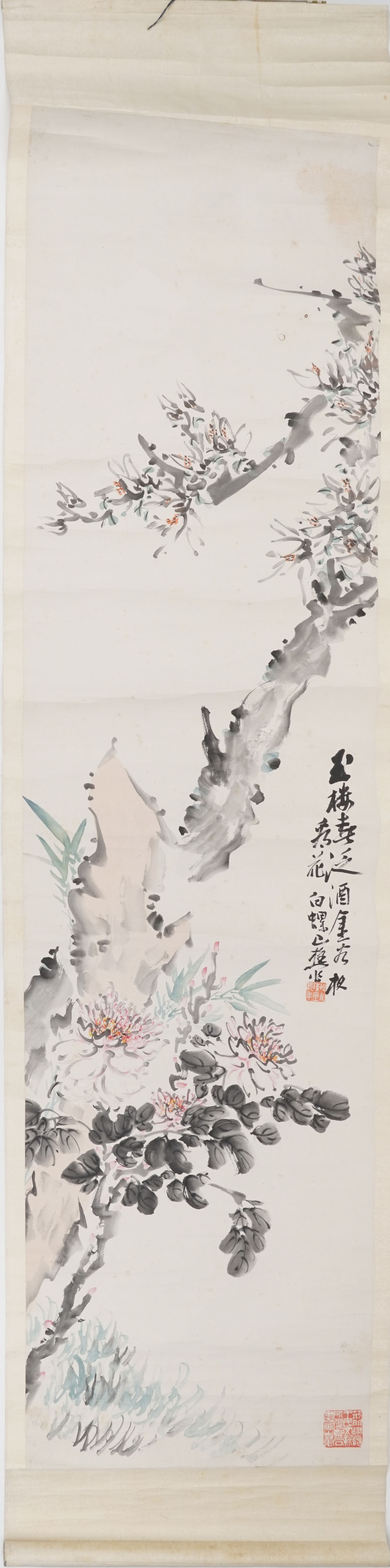 Chinese wall hanging scroll hand painted with blossoming trees, 175cm x 46cm - Image 3 of 12