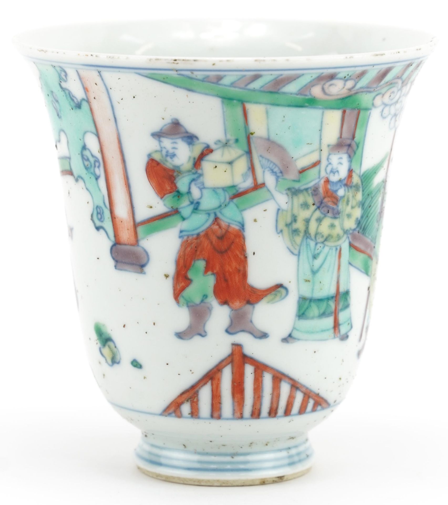 Chinese porcelain doucai cup hand painted with an emperor with attendants in a palace setting, six