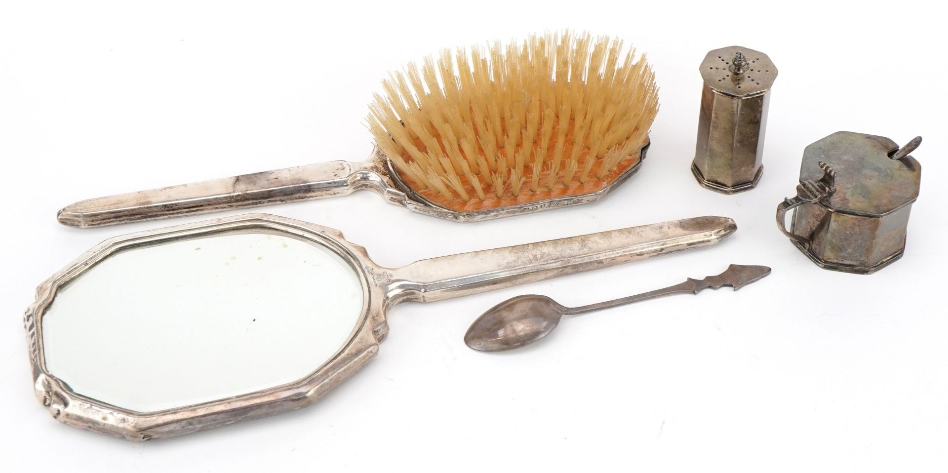 Art Deco silver comprising hand mirror, brush, mustard and caster together with a silver and - Image 3 of 8