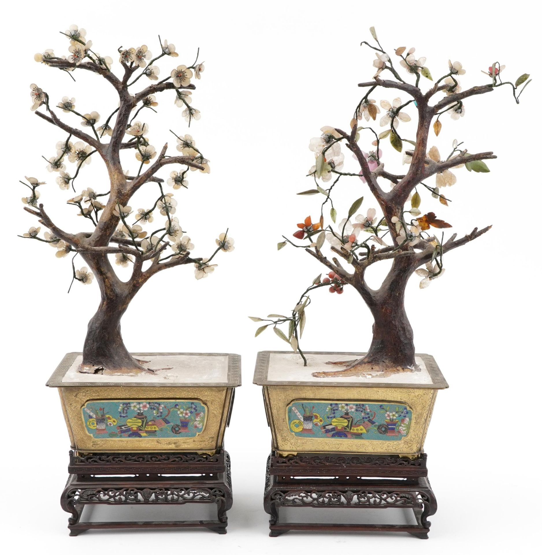 Good pair of Chinese hardstone bonsai trees housed in engraved brass planters with cloisonne - Image 2 of 6