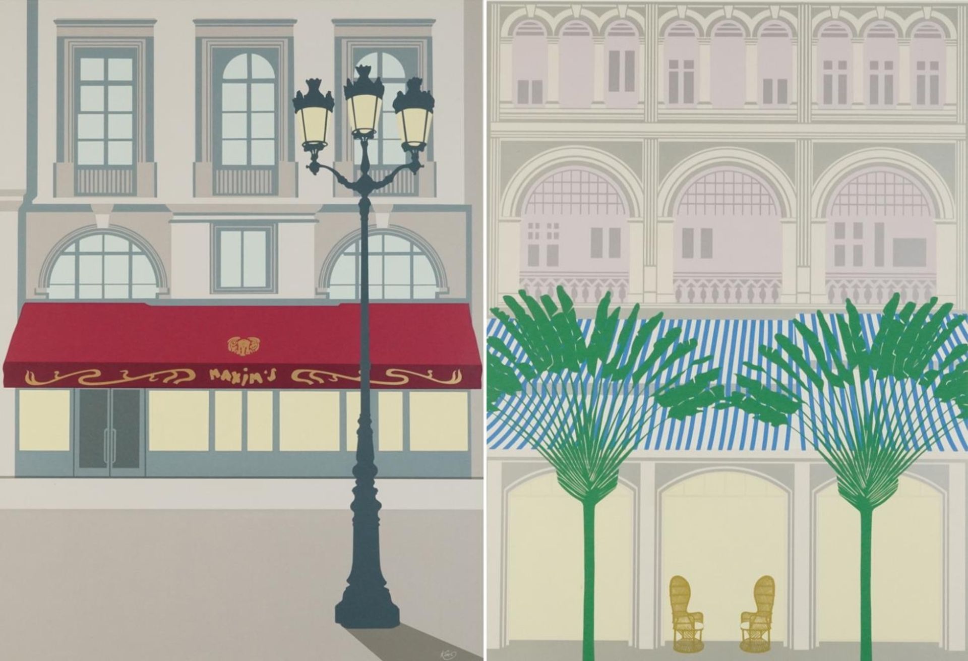 Two Pop Art style prints comprising Paris and Raffles Singapore, one published by King Publishing,