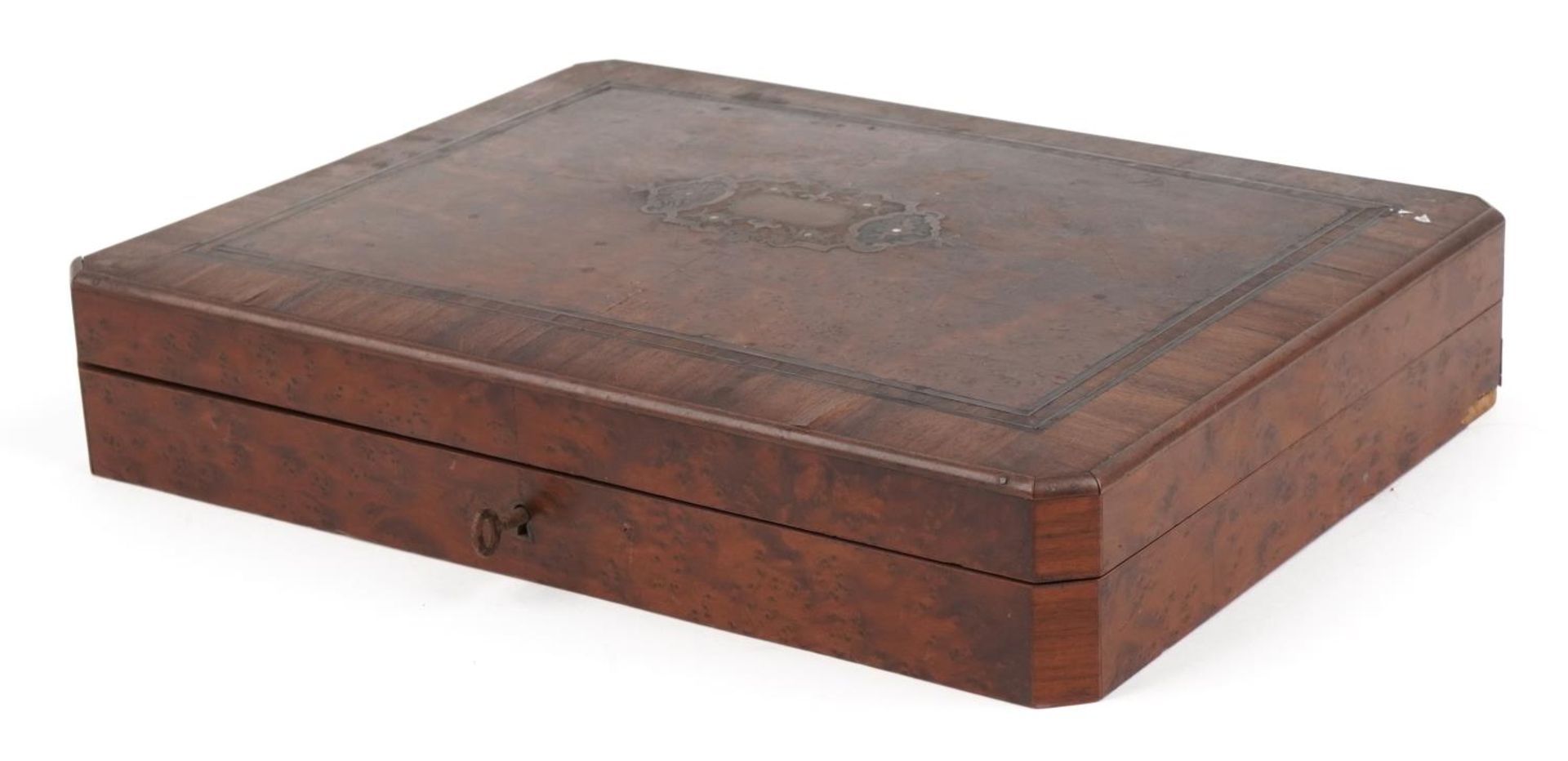19th century French bird's eye maple and rosewood box with brass floral inlay and sectional