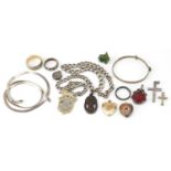 Antique and later jewellery, some silver, including bloodstone and carnelian spinner fob, 14ct