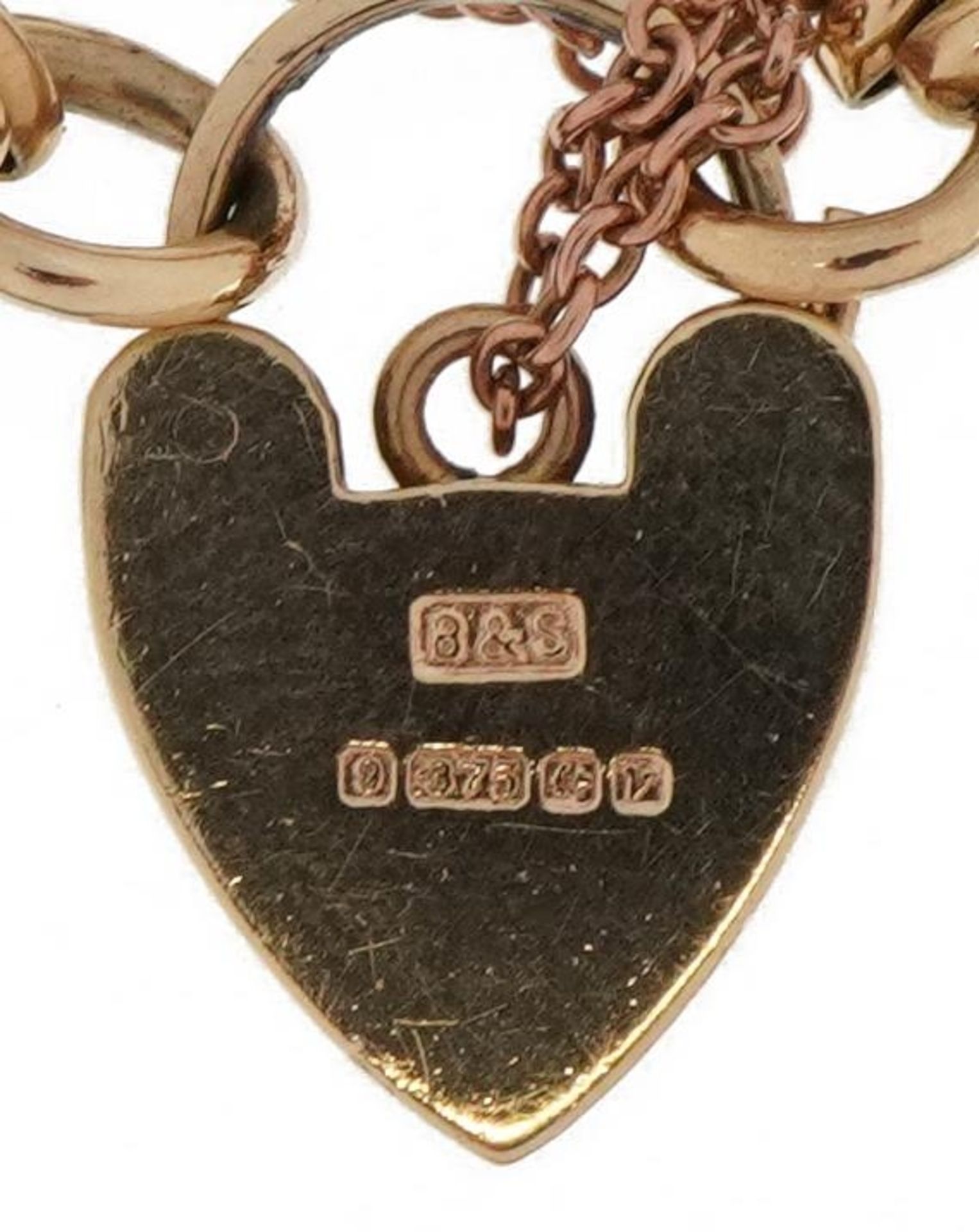 9ct gold four row gate link bracelet with love heart padlock and safety chain, 18.9g - Image 4 of 4