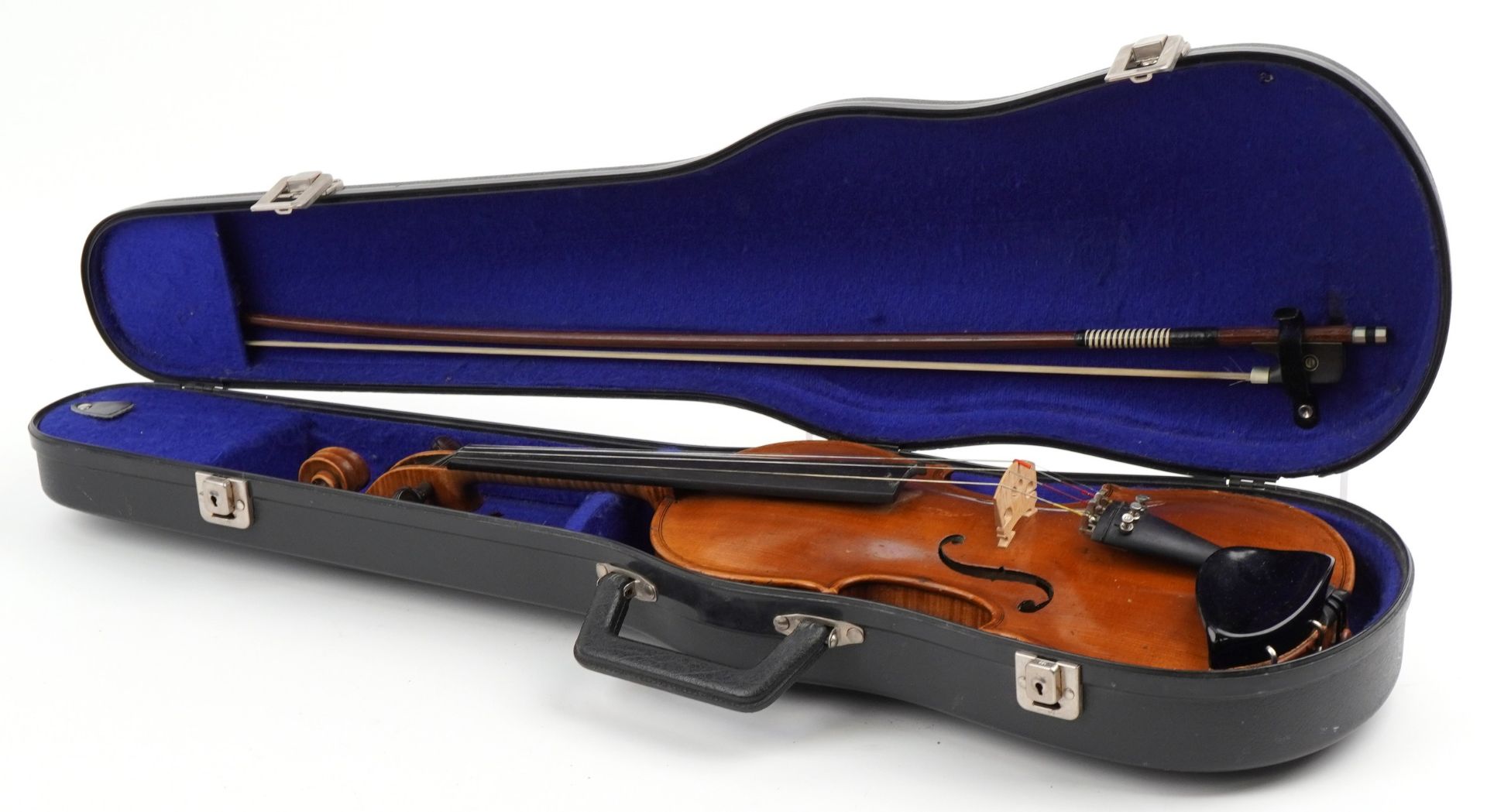 Old wooden violin with bow and protective case, the violin back impressed Klotz and 14 inches in - Image 12 of 12