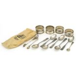 Edwardian and later silver comprising set of six teaspoons, four napkin rings, sugar tongs and