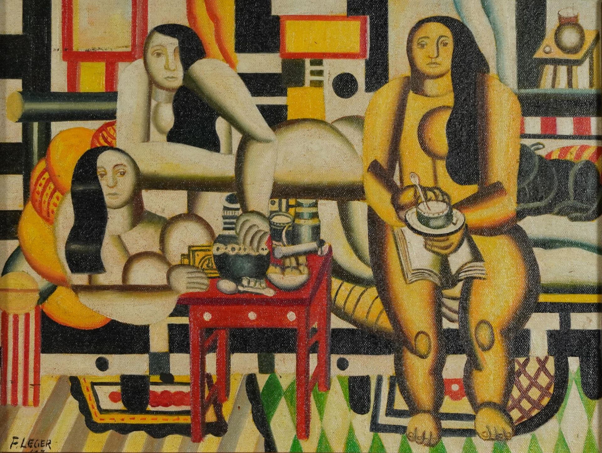 Manner of Fernand Leger - Surreal composition, females and geometric shapes, French school oil on