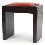 Art Deco piano stool with red leather lift up seat, 51cm H x 53cm W x 33cm D