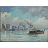 Derek Langton Rogers - River Thames with boats and cranes, Impressionist oil on canvas, inscribed