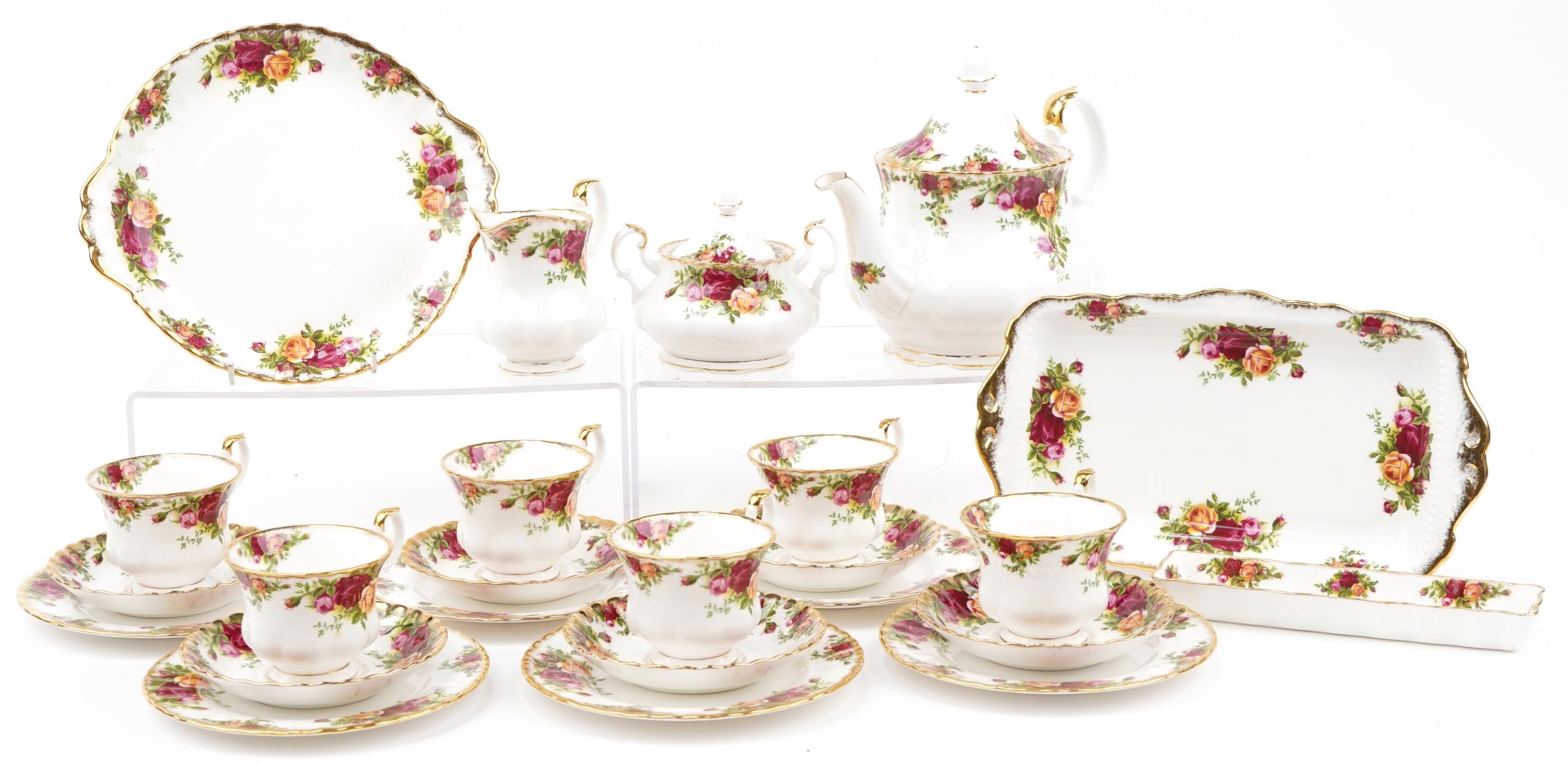 Royal Albert Old Country Roses six place tea service with teapot, lidded sugar bowl and milk jug, - Image 2 of 8