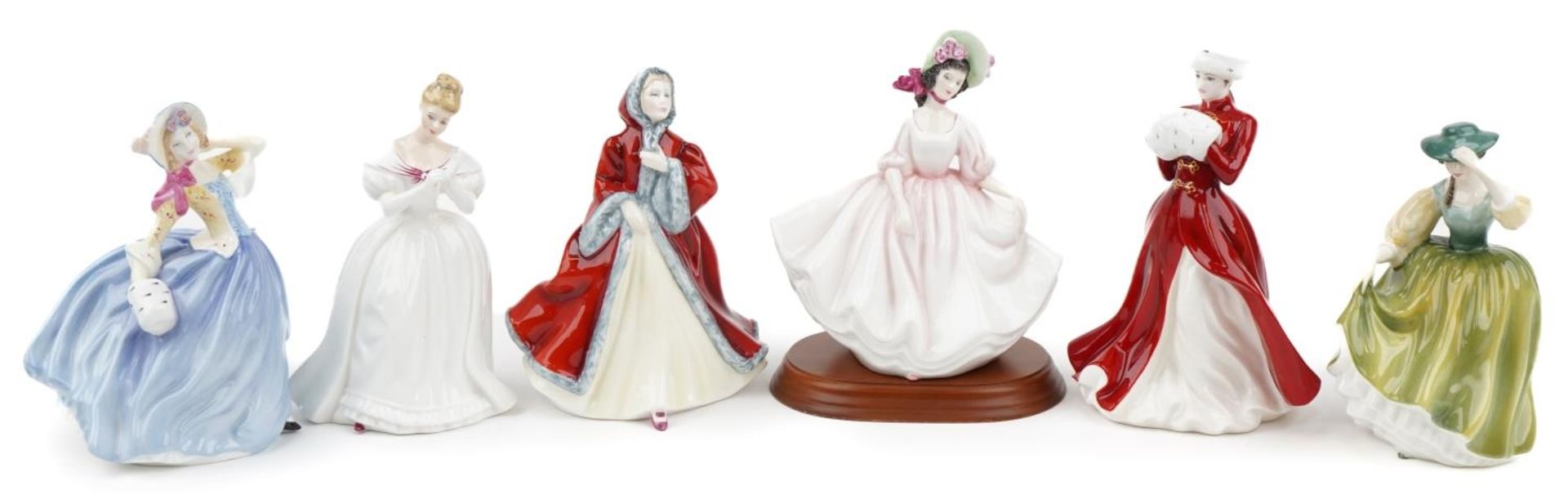 Six Royal Doulton figurines including Denise HN2477, Rachel HN2936 and A Winter's Morn limited