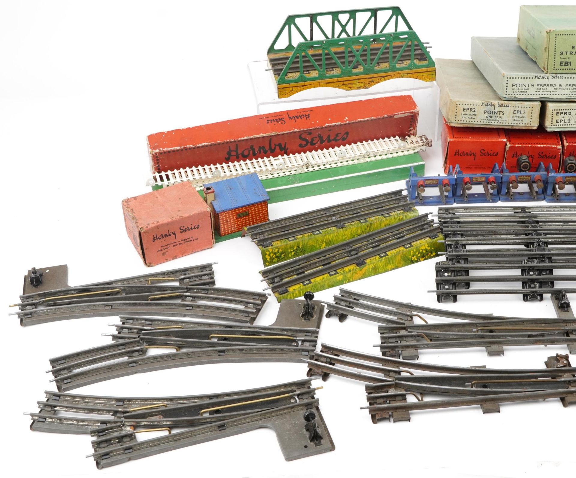 Collection of Hornby O gauge tinplate model railway track, connecting plates, rails and bridges, - Image 2 of 3