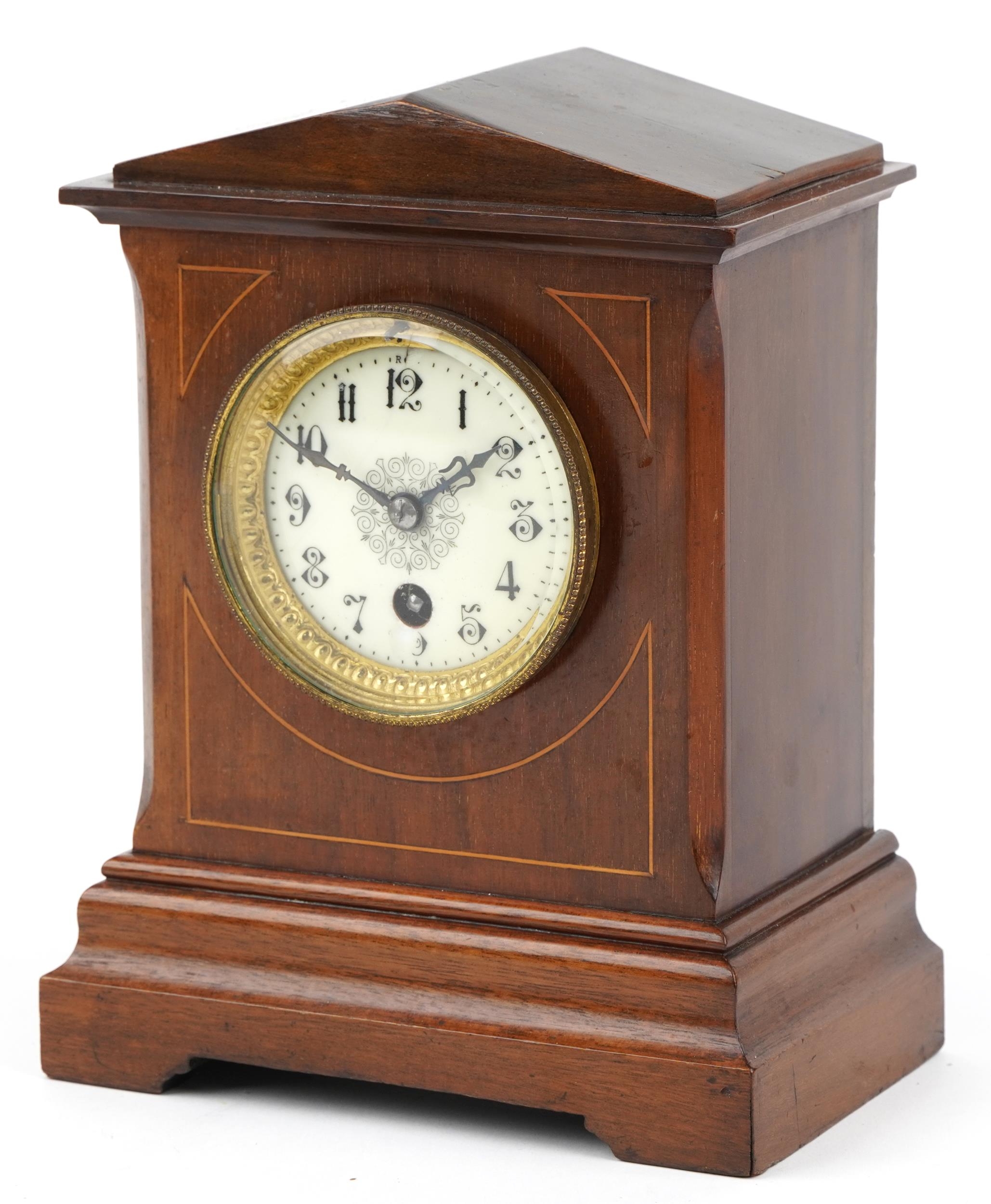 Edwardian inlaid mahogany mantle clock, the enamelled dial with Arabic numerals, 24cm high