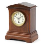 Edwardian inlaid mahogany mantle clock, the enamelled dial with Arabic numerals, 24cm high