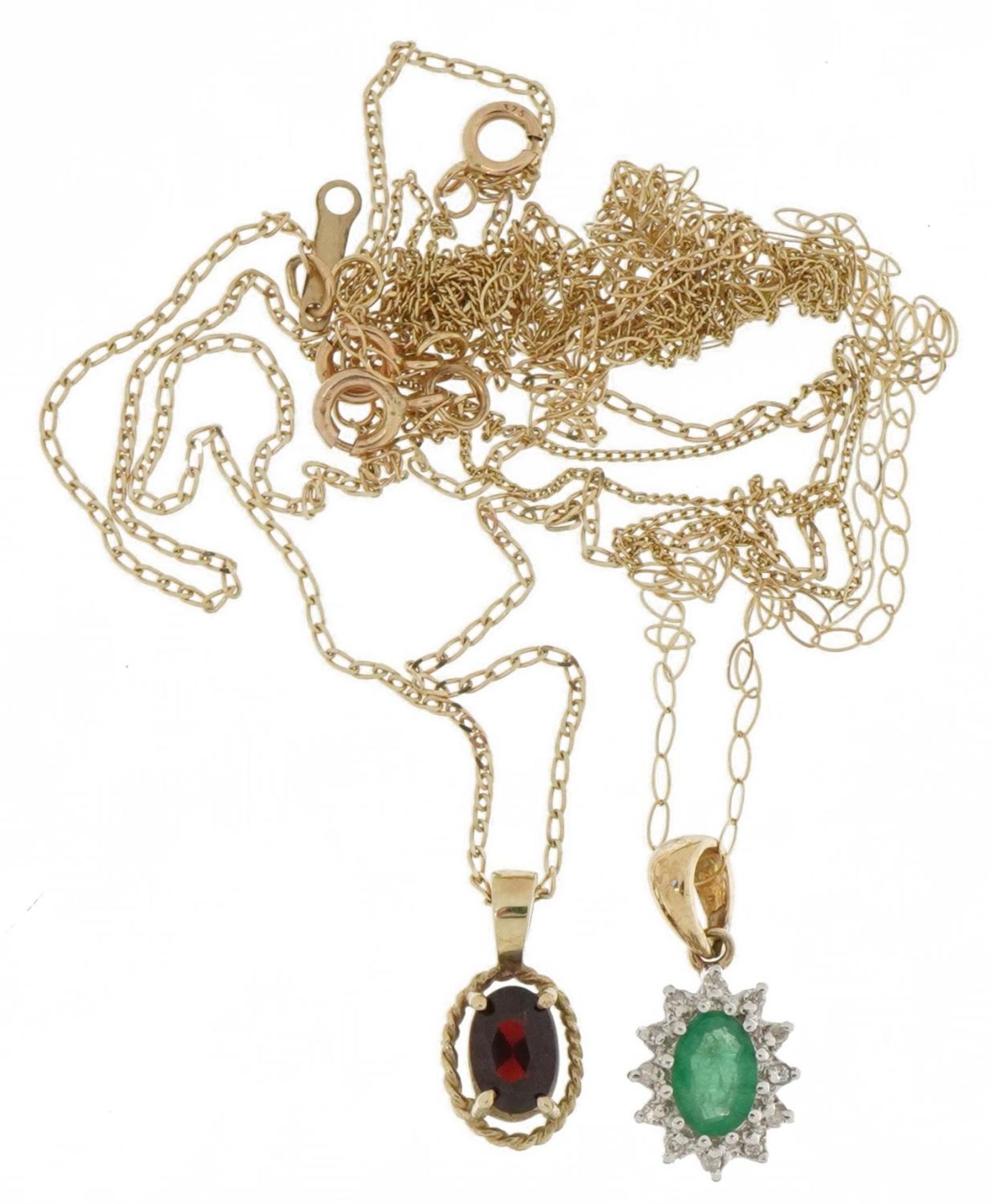 Two 9ct gold pendants comprising emerald and diamond and garnet solitaire, each on 9ct gold - Bild 2 aus 5