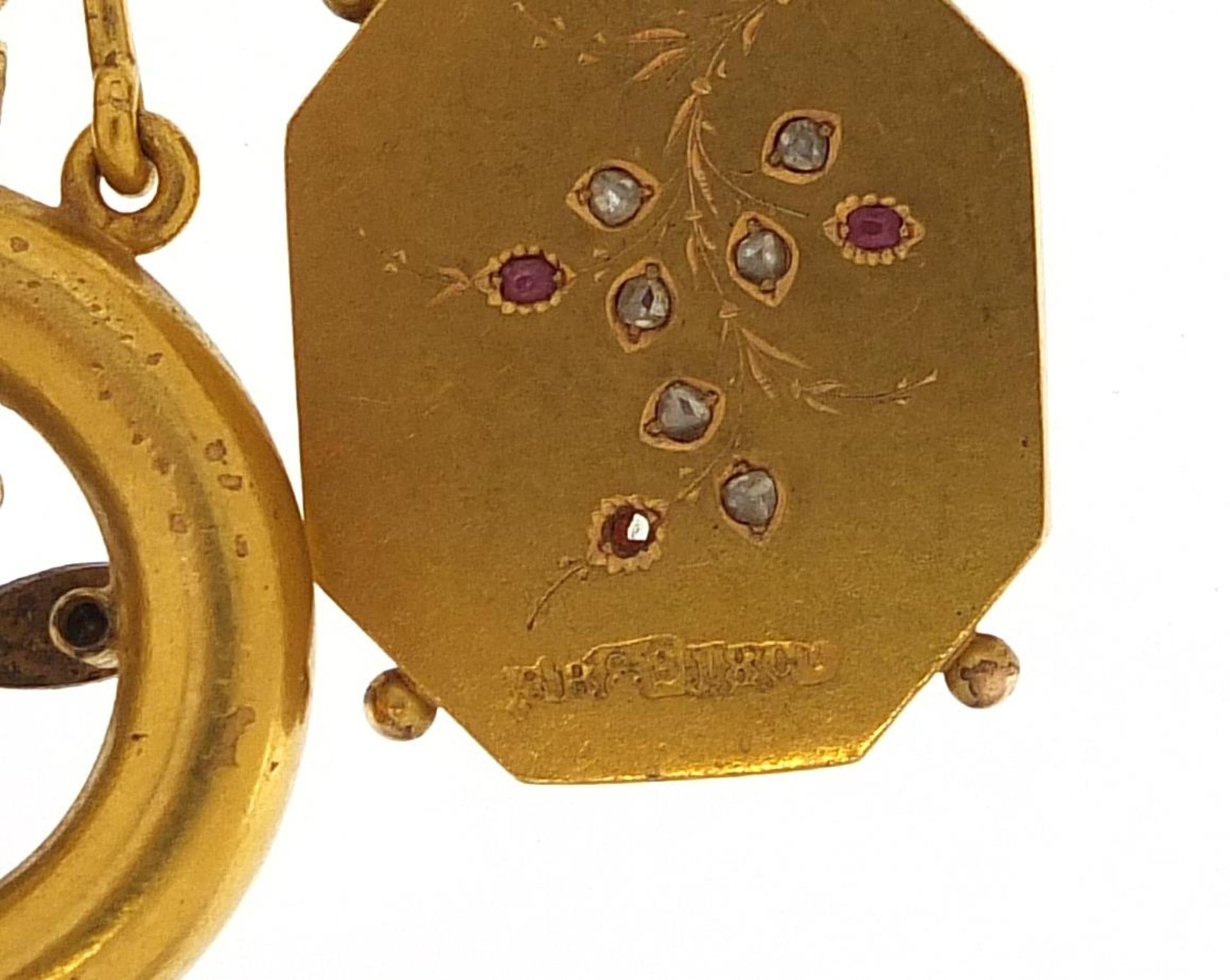 Antique 22ct gold chatelaine with six gold implements and pendants and a yellow metal articulated - Image 6 of 6