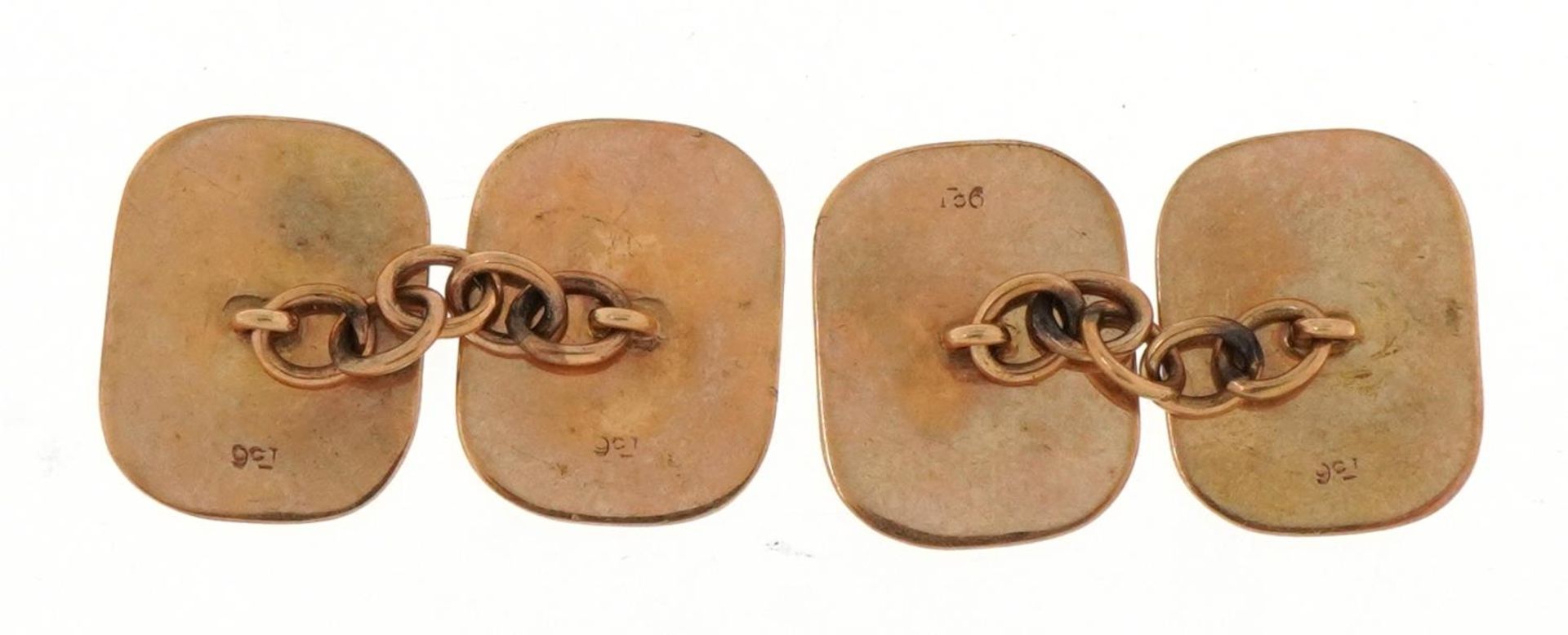 Pair of 9ct gold cufflinks with engine turned decoration, 1.4cm wide, 3.2g - Image 2 of 3