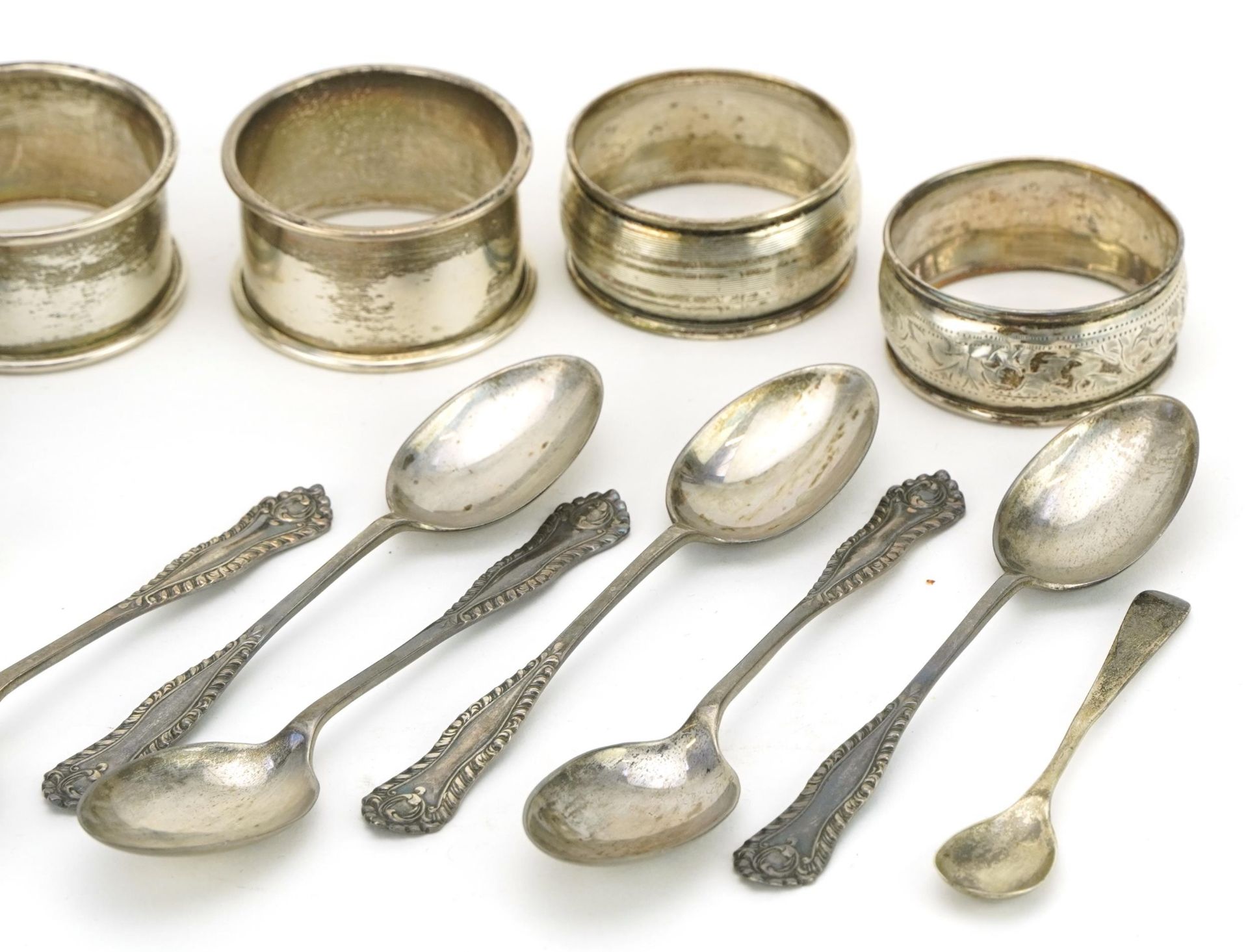 Edwardian and later silver comprising set of six teaspoons, four napkin rings, sugar tongs and - Image 5 of 8