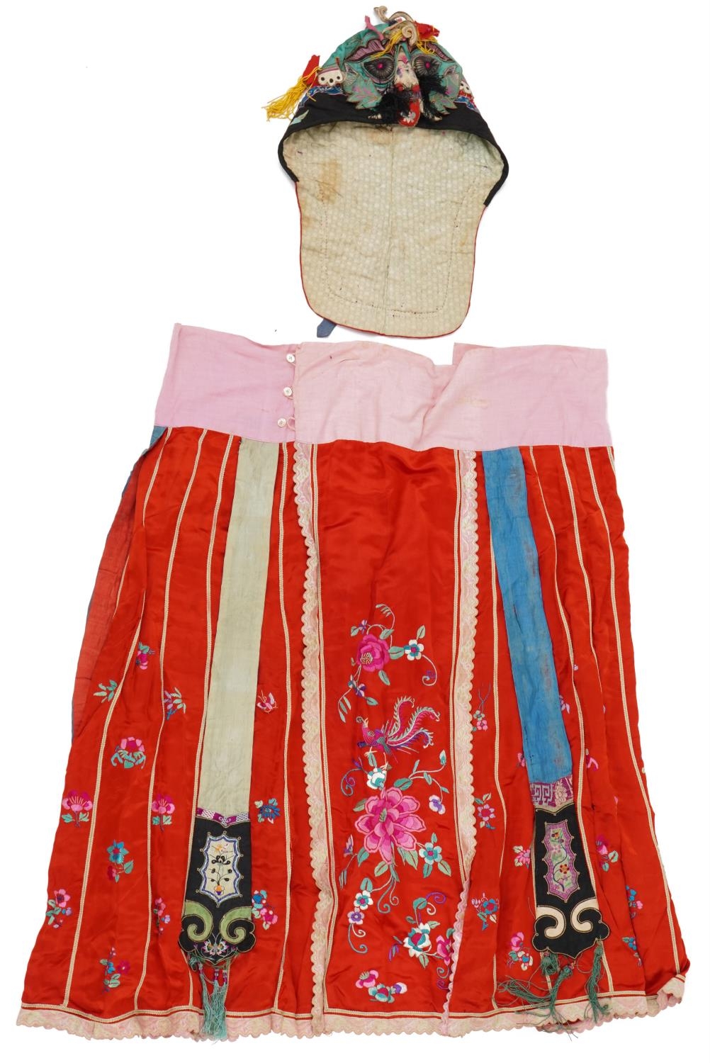 Chinese Canton silk skirt embroidered with flowers and a silk hat embroidered with a toad, the - Image 2 of 12