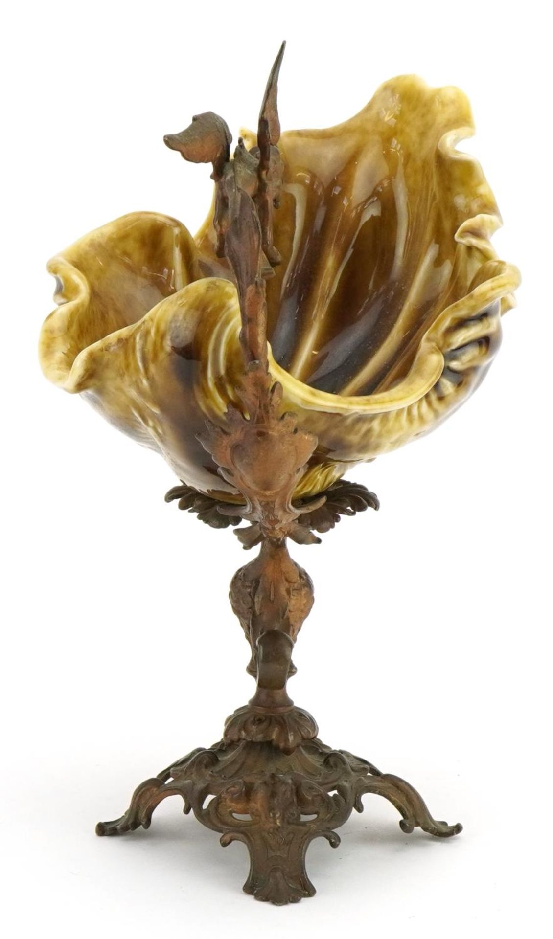 19th century continental gilt metal centrepiece with dragon handle and pottery shell shaped bowl, - Bild 6 aus 14