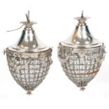 Pair of ornate silvered metal acorn chandeliers with swags and bows, 40cm high