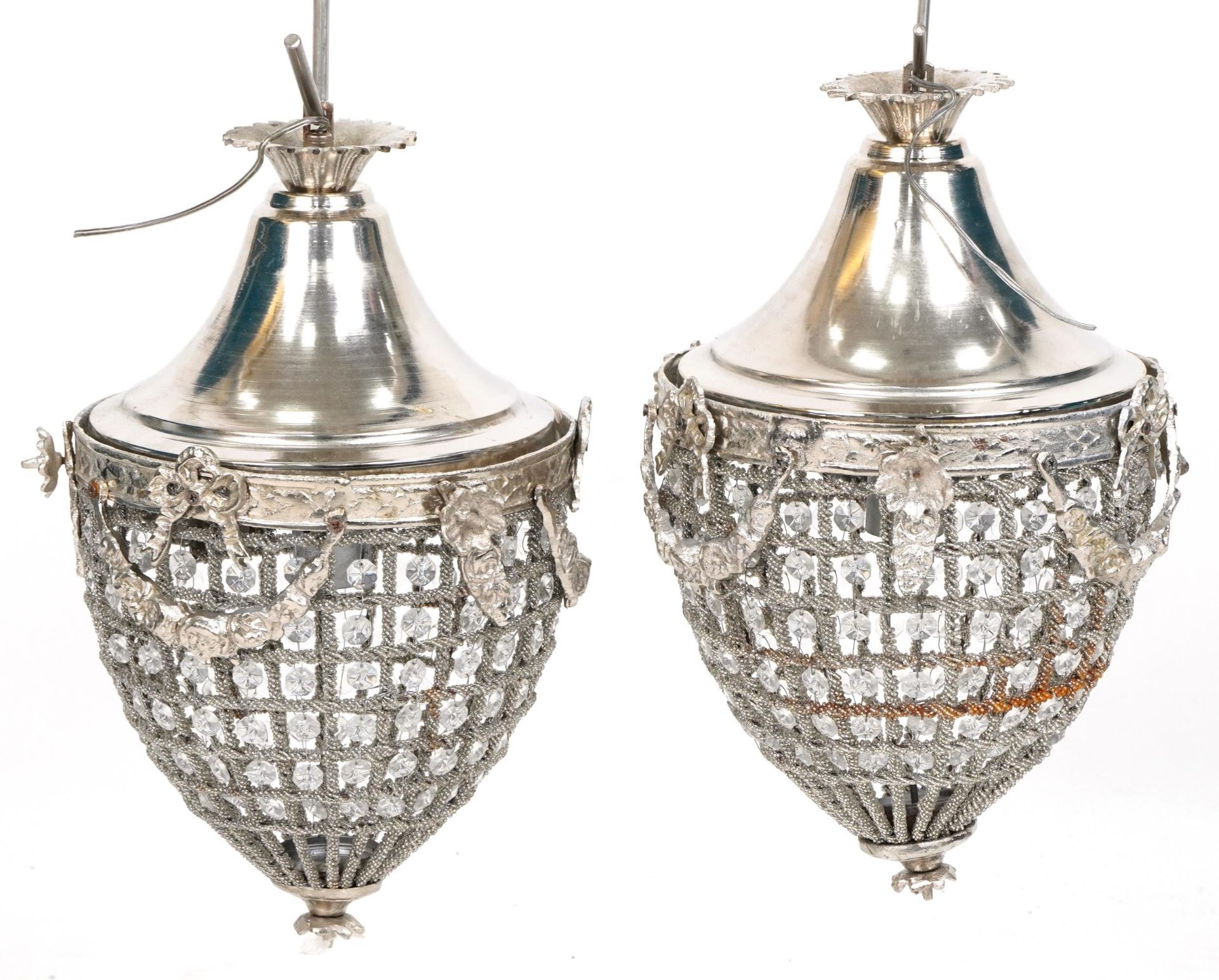 Pair of ornate silvered metal acorn chandeliers with swags and bows, 40cm high