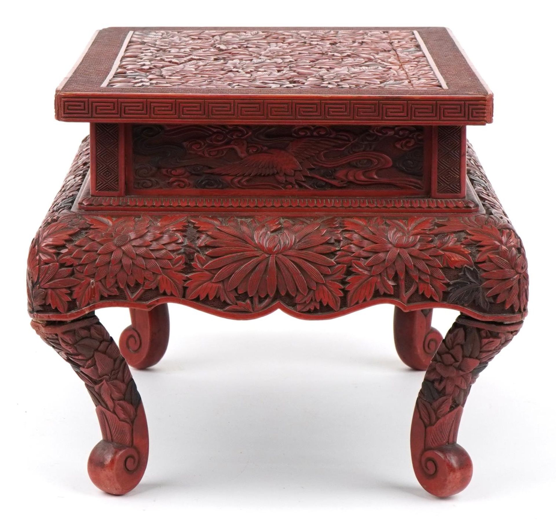 Large Chinese cinnabar lacquered stand profusely carved with chrysanthemums and phoenixes, 26cm H - Image 3 of 7