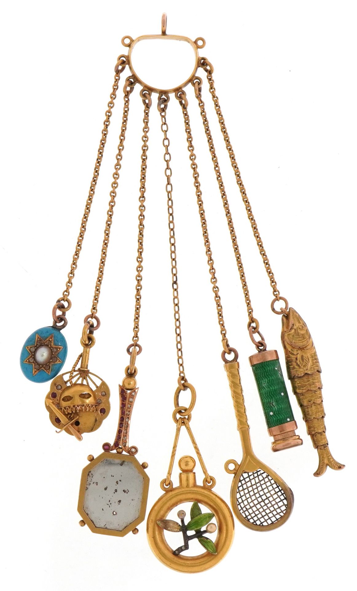 Antique 22ct gold chatelaine with six gold implements and pendants and a yellow metal articulated - Image 2 of 6