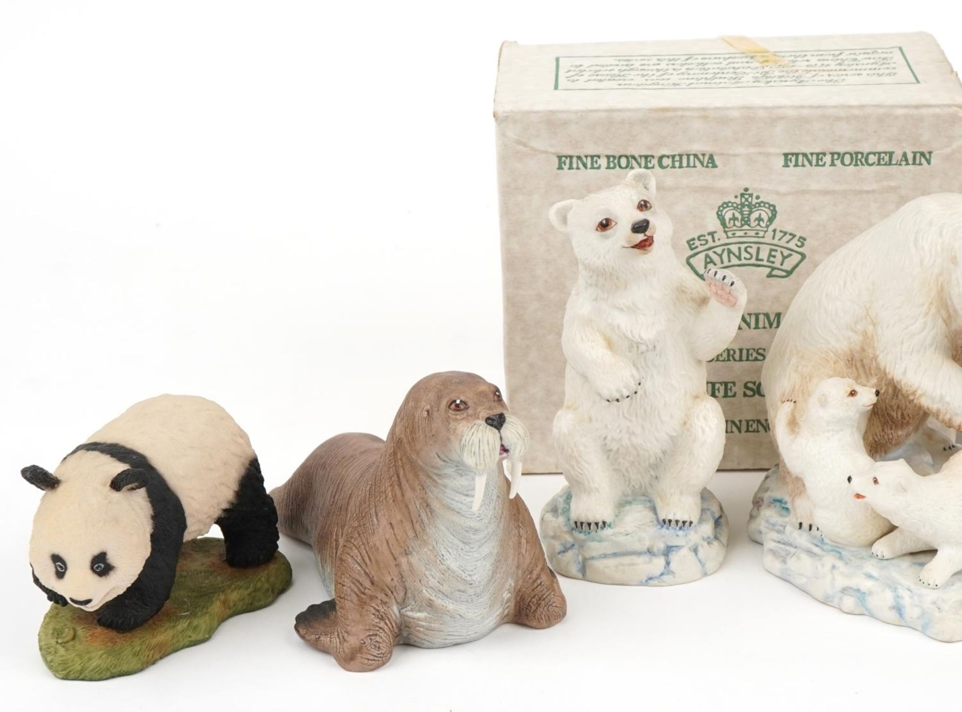 Six Aynsley porcelain animals including walrus, polar bear and racoon, the largest 18cm in length - Image 3 of 8