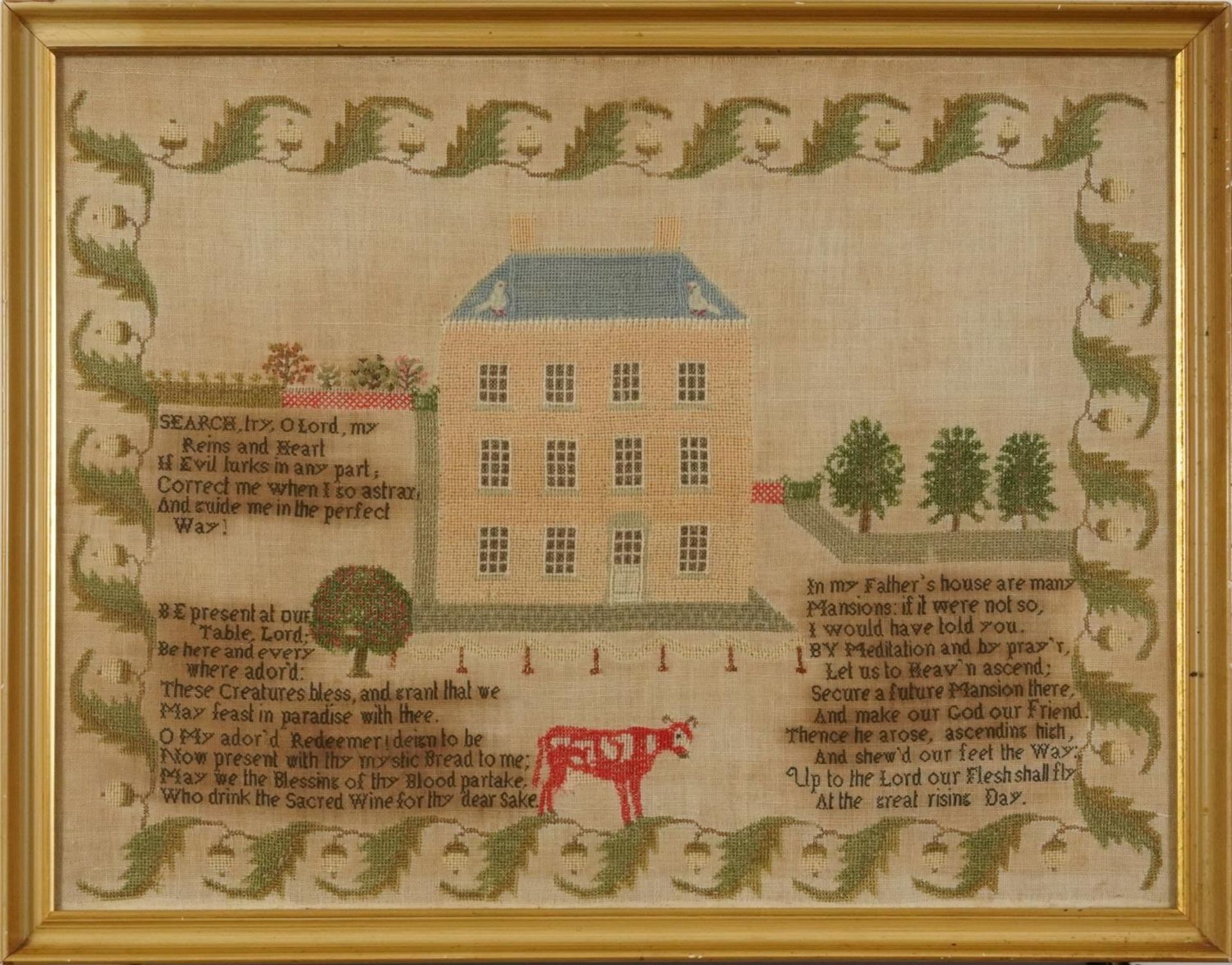 19th century needlework sampler embroidered with a house, acorns and religious verse, mounted, - Image 4 of 6