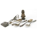 Silver objects including a pair of Dutch 800 grade pastry tongs and a pair of sugar tongs, the