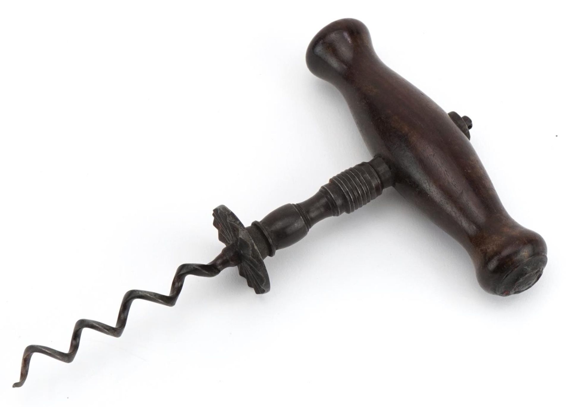 Antique steel corkscrew with hardwood handle