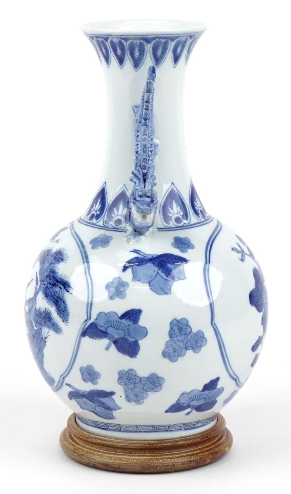 Chinese blue and white porcelain vase with dragon handles raised on a hardwood stand, decorated with - Image 4 of 6