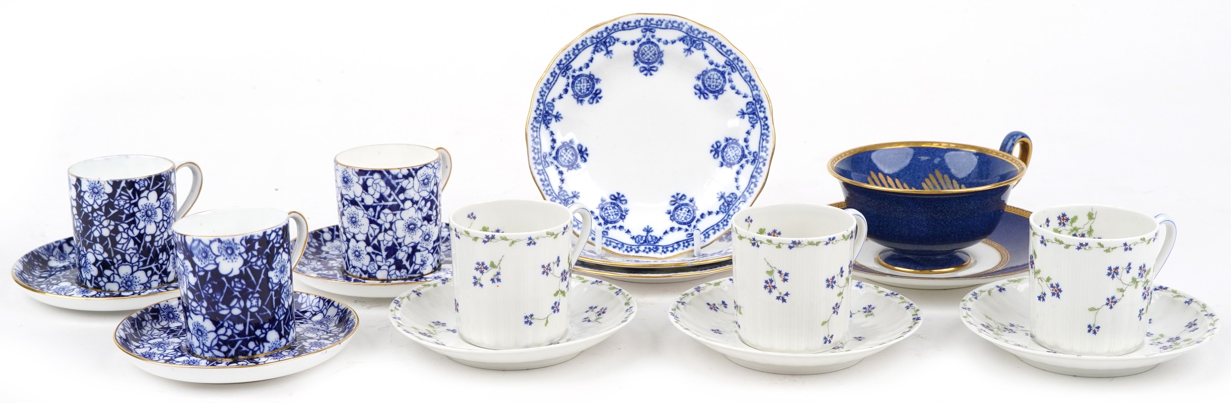 Teaware comprising Theodore Haviland Limoges, Coalport and Wedgwood, the largest 14.5cm in diameter