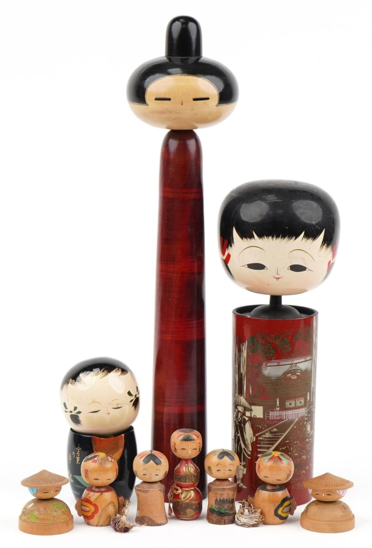 Nine Japanese wooden and lacquered Kokeshi dolls, the largest 48cm high - Image 2 of 6